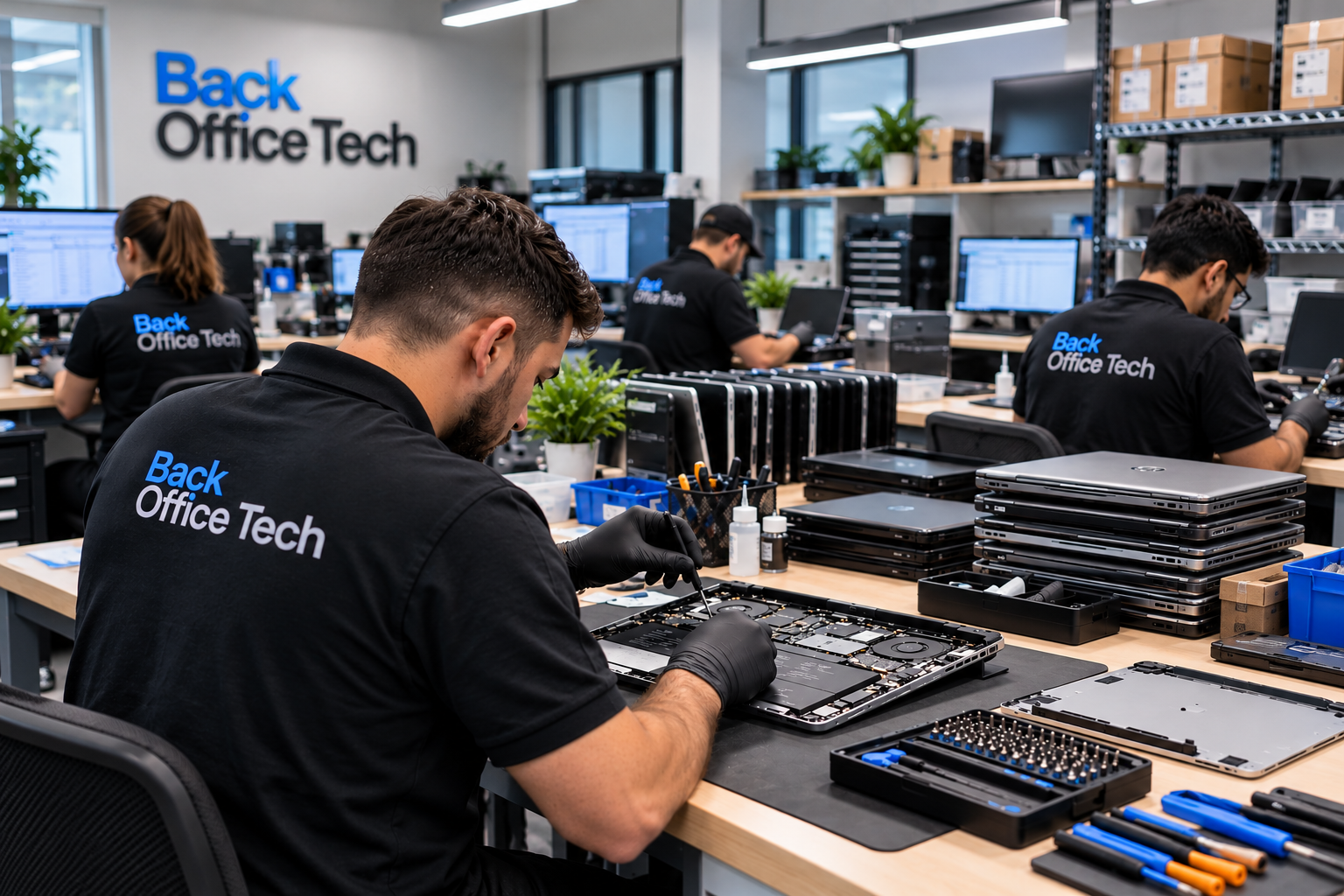 Illustration of a multi-technician business laptop repair workspace