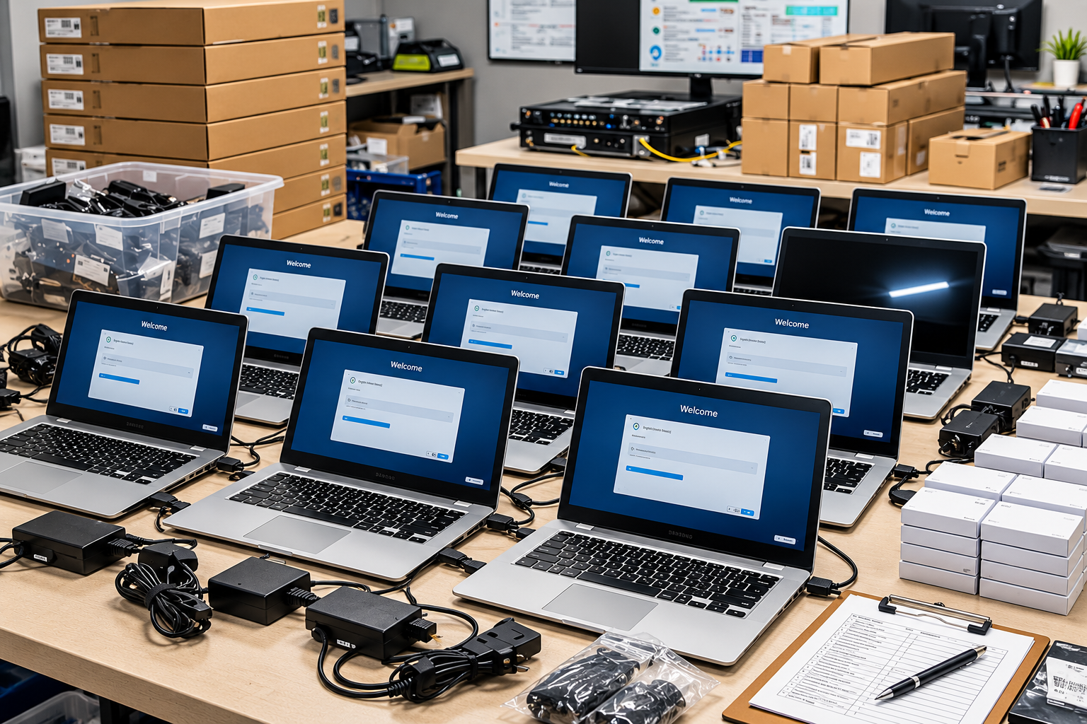 Multiple laptops arranged at a device service workstation
