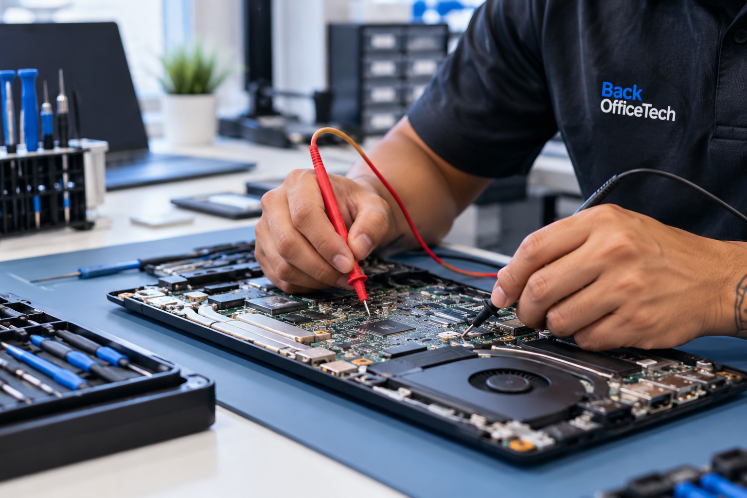 Technician inspecting a laptop motherboard during precision electronics repair